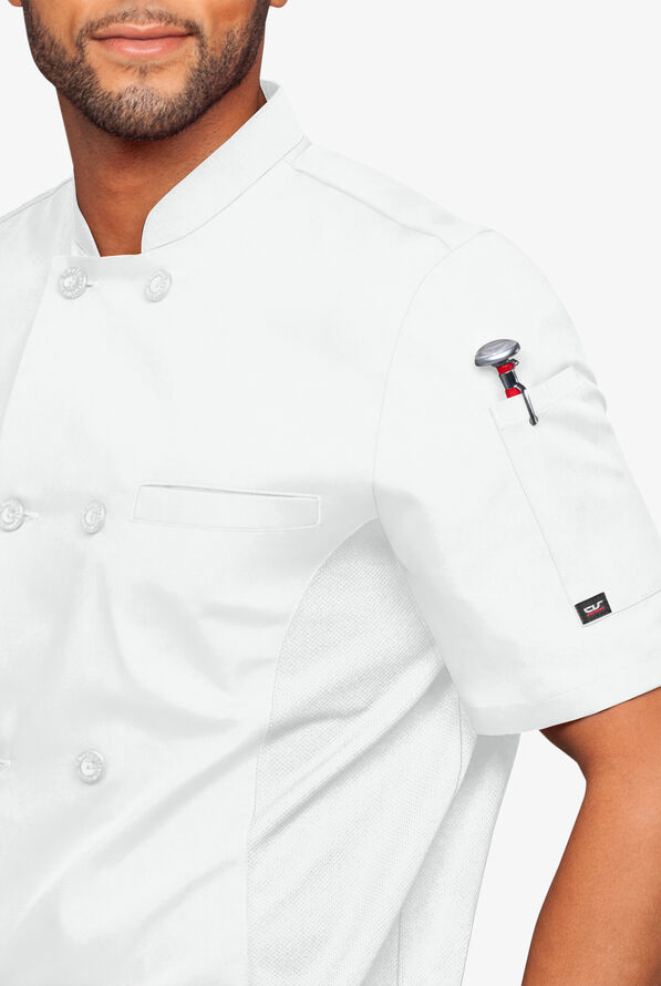 LIGHTWEIGHT Men's 2-Pocket Short Sleeve w/ Mesh Side Panels Chef Coat - White - 3