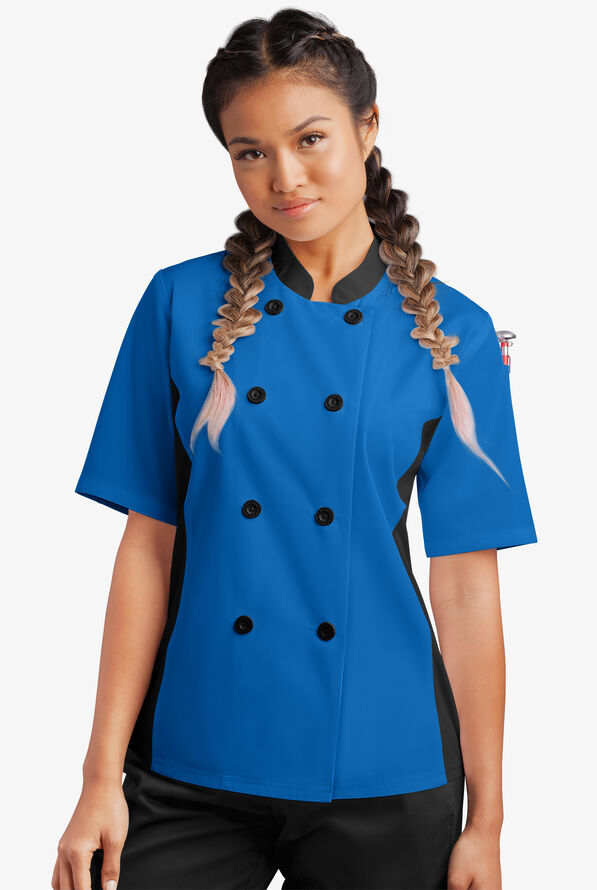 Chaqueta de gastronomía con mangas cortas y paneles de malla para mujer - Royal/Black - 1