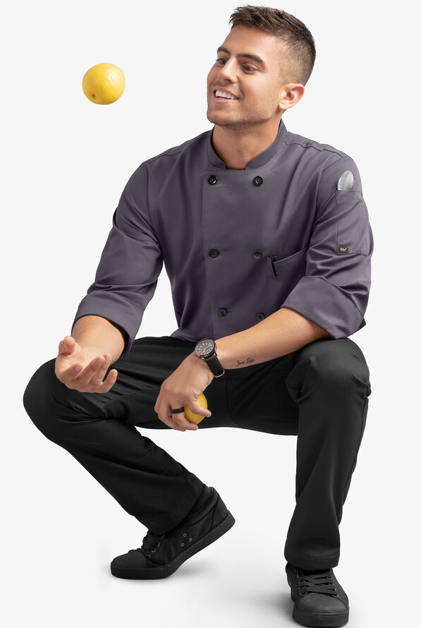 On The Line by ChefUniforms.com Men's 2-Pocket Reversible Double Breasted 3/4 Sleeve Chef Coat - Pebble Grey - 4