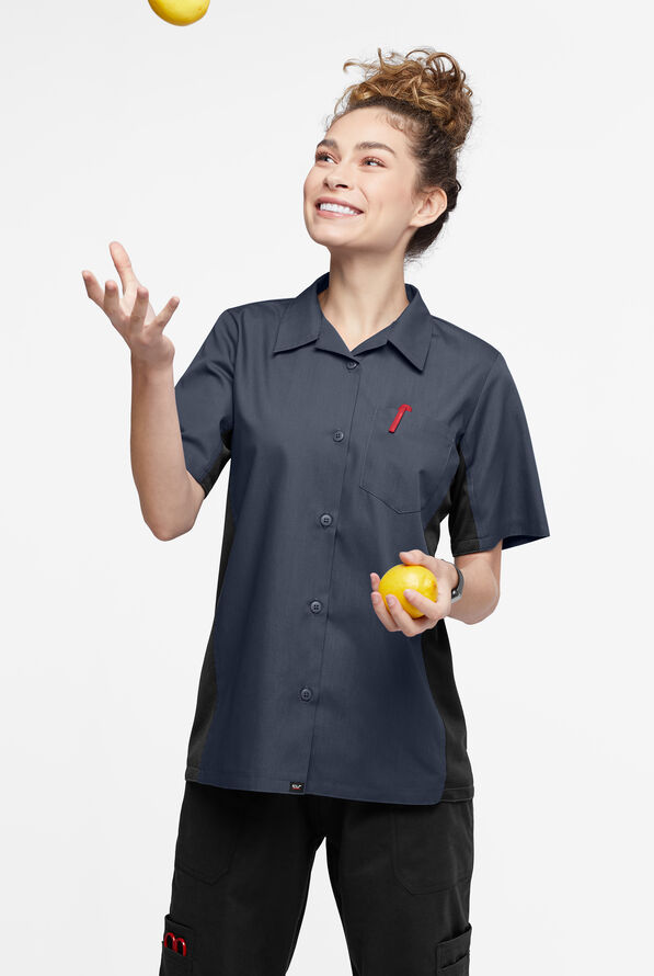 LIGHTWEIGHT Versa  Women's 1-Pocket Button Front Closure Short Sleeve Kitchen Shirt - Granite/Black - 4