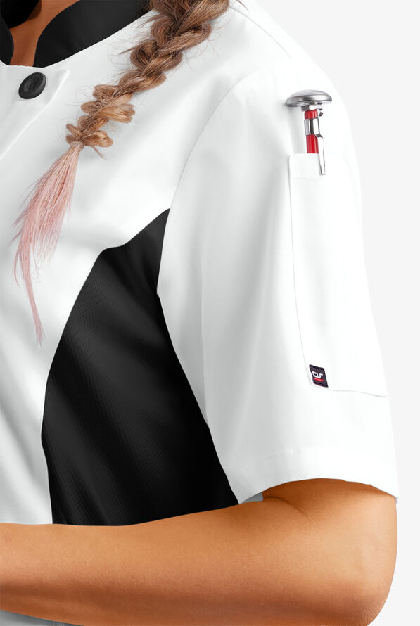 LIGHTWEIGHT Women's Short Sleeve 1-Pocket Tech Mesh Side Panel Chef Coat - White/Black - 3