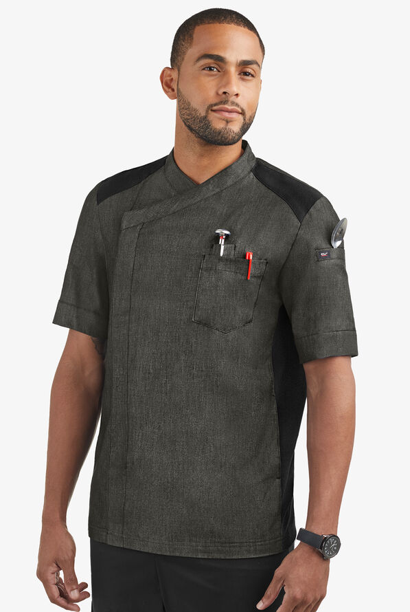 Chaqueta manga corta de gastronomía Industry Line de tela batista con 5 bolsillos y paneles de malla para hombre - Black Chambray/Black - 1
