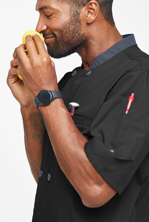 LIGHTWEIGHT Men's Double Breasted w/ Plastic Buttons Chef Coat - Black/Granite - 3