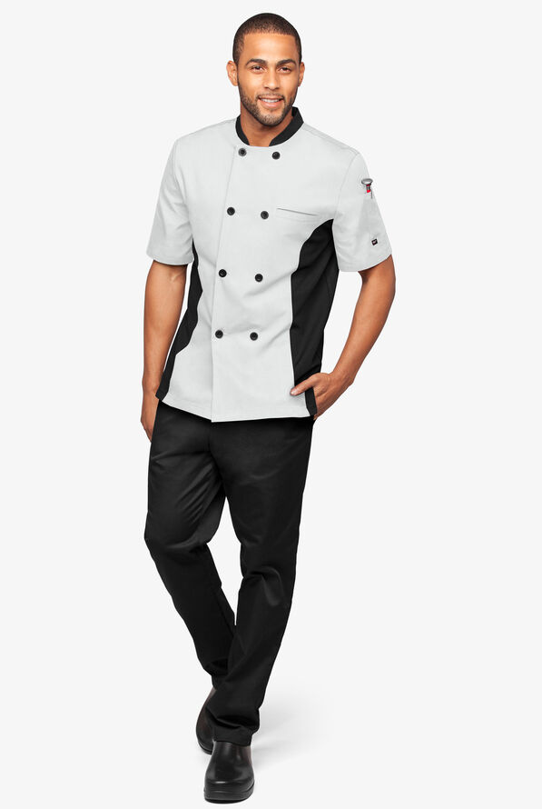 LIGHTWEIGHT Men's 2-Pocket Short Sleeve w/ Mesh Side Panels Chef Coat - White/Black - 4