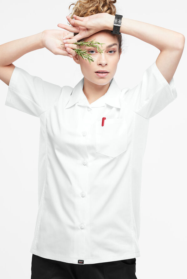 LIGHTWEIGHT Versa  Women's 1-Pocket Button Front Closure Short Sleeve Kitchen Shirt - White - 4