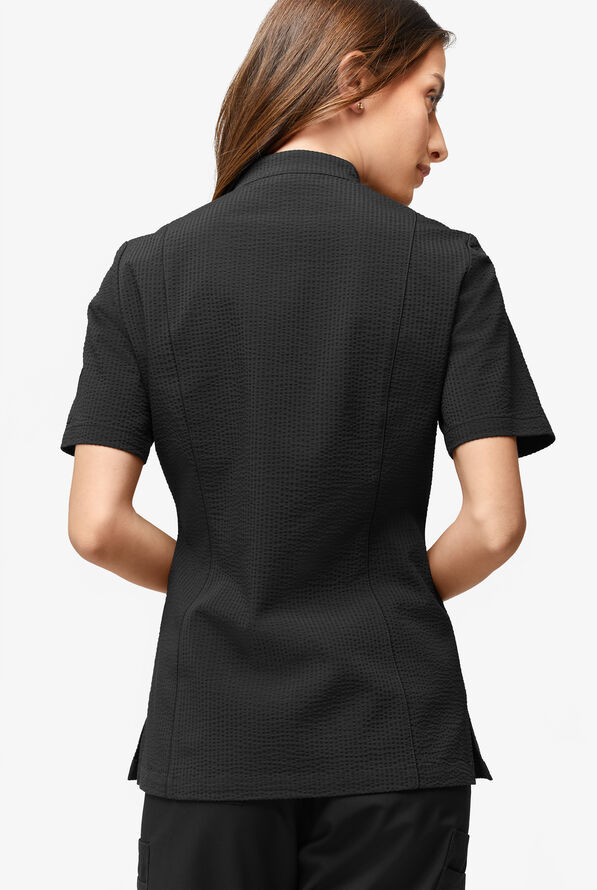 Chef Uniforms Women's Short Sleeve Stretch Seersucker Reversible Double Breasted Coat - Black - 3
