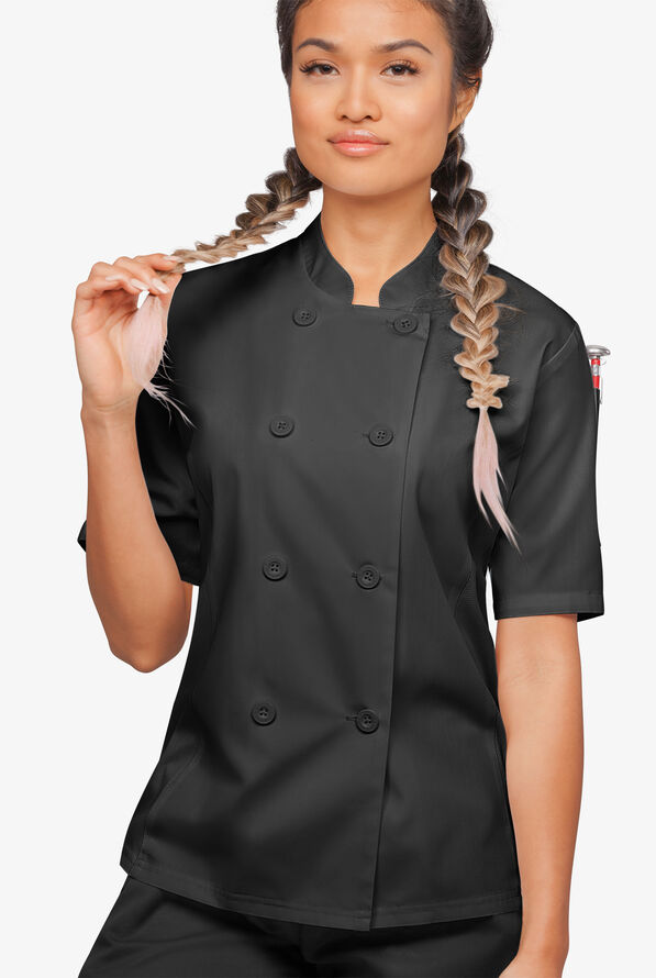LIGHTWEIGHT Women's Short Sleeve 1-Pocket Tech Mesh Side Panel Chef Coat - Black - 4