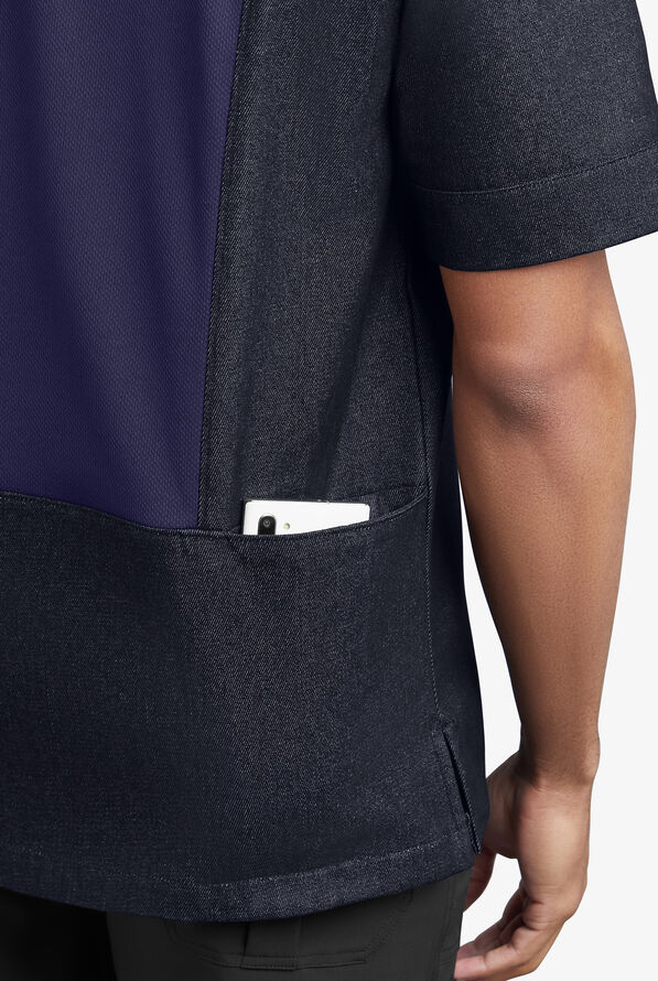 Industry Line Men's 2-Pocket Short Sleeve w/ Tech Mesh Back Panel Denim Chef Coat - Blue Denim/Navy - 3