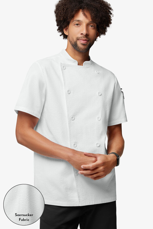 Chef Uniforms Men's Short Sleeve Stretch Seersucker Reversible Double Breasted Coat - White - 1