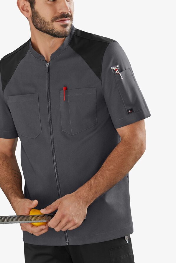 CHEF 360 Men's 4-Pocket Short Sleeve Mesh Yoke Zip Front STRETCH Executive Chef Coat - Pewter/Black - 3