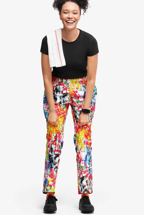 UA CHEF&trade; Rainbow Tie-Dye White Printed Women's 4-Pocket Elastic Waistband Chef Pants - null - 4