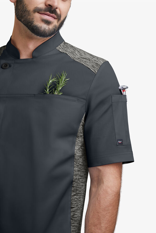 CHEF 360 Men's 2-Pocket Short Sleeve w/ Knit Panels STRETCH Executive Chef Coat - Pewter/Charcoal Melange - 3