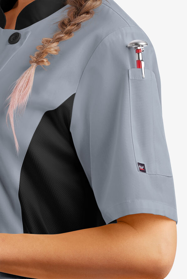 LIGHTWEIGHT Women's Short Sleeve 1-Pocket Tech Mesh Side Panel Chef Coat - Light Grey/Black - 3