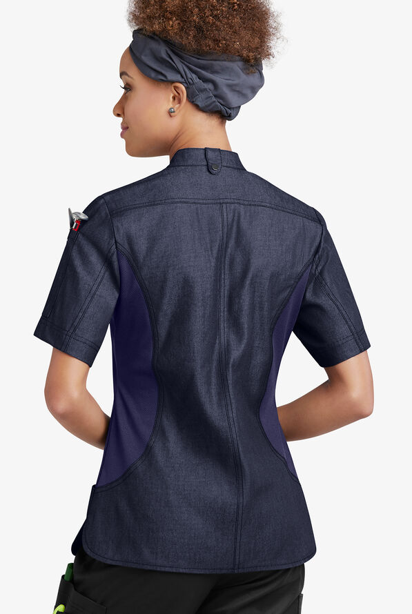 Chaqueta manga corta de gastronomía Industry Line de tela batista con doble abotonadura y paneles de malla para mujer - Blue Chambray/Navy - 2