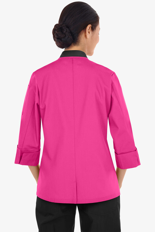 Chaqueta de gastronomía con mangas 3/4 y botones de plástico para mujer - Fuchsia/Black - 2