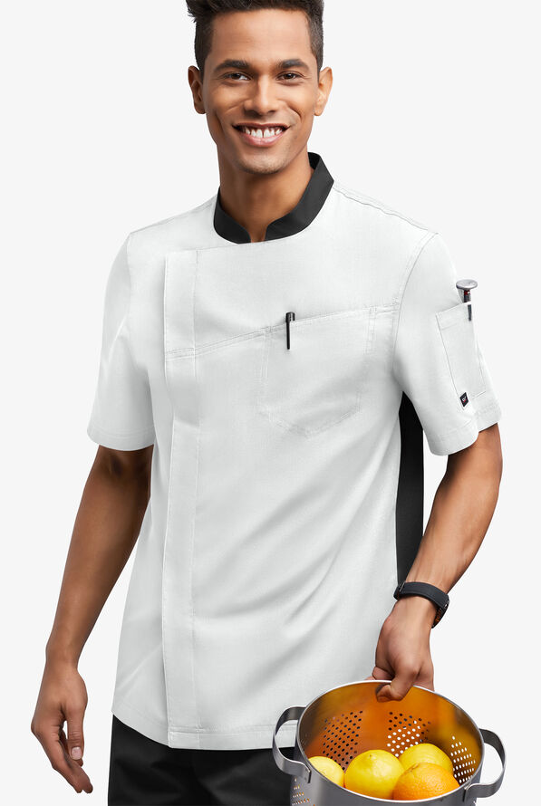 LIGHTWEIGHT Men's Short Sleeve Asymmetrical Snap front with Mesh Panels Chef Coat - White/Black - 4