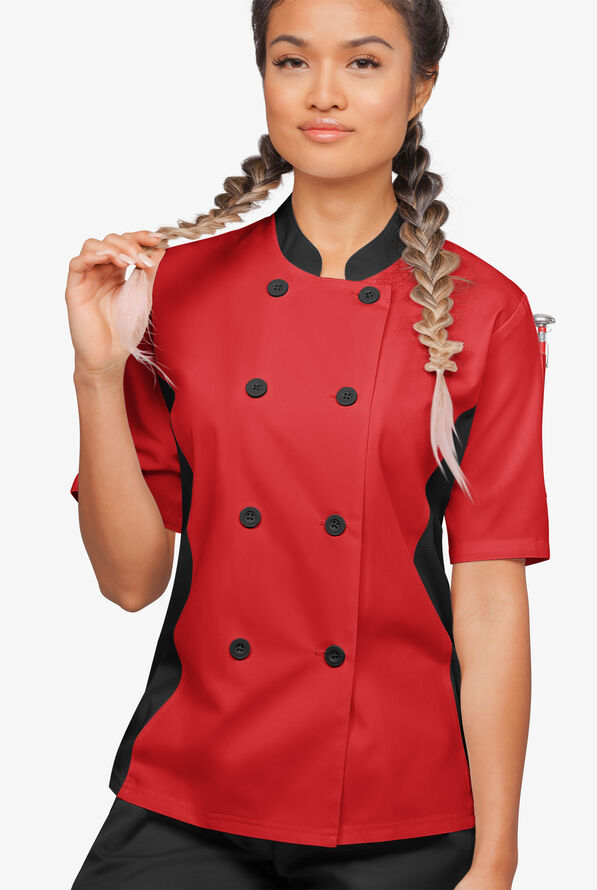 LIGHTWEIGHT Women's Short Sleeve 1-Pocket Tech Mesh Side Panel Chef Coat - Red/Black - 4