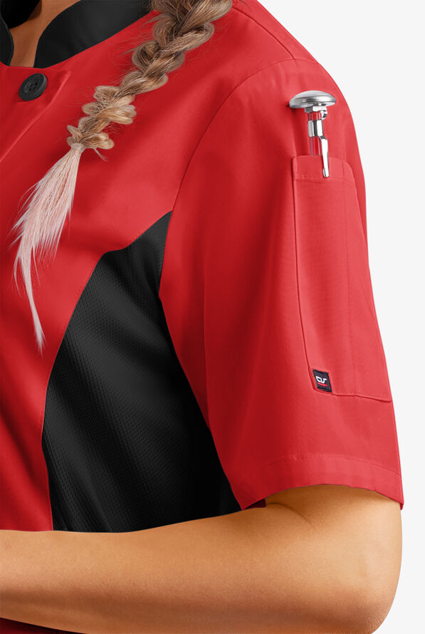 LIGHTWEIGHT Women's Short Sleeve 1-Pocket Tech Mesh Side Panel Chef Coat - Red/Black - 3
