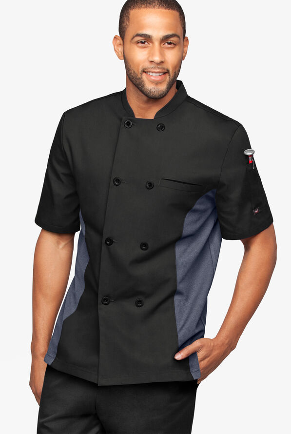 LIGHTWEIGHT Men's 2-Pocket Short Sleeve w/ Mesh Side Panels Chef Coat - Black/Granite - 1