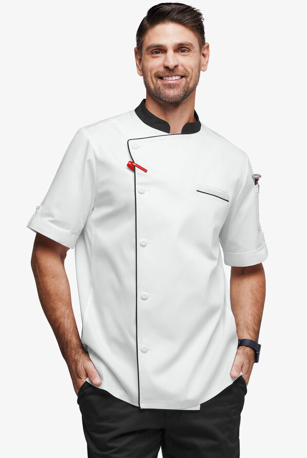 Chef Uniforms Men's Mesh Side Panel Asymmetrical Executive Chef Coat - White/Black - 1