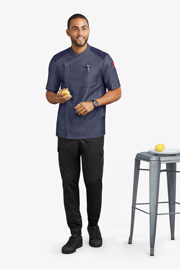 Industry Line Men's 5-Pocket Short Sleeve w/Tech Mesh Panels Chambray Executive Chef Coat - Blue Chambray/Navy - 4