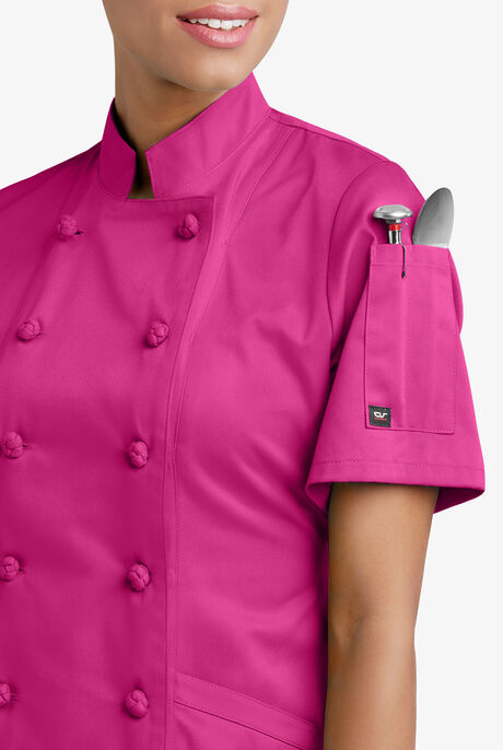 Chef Uniforms Women's 3-Pocket Short Sleeve Knotted Button Executive Chef Coat