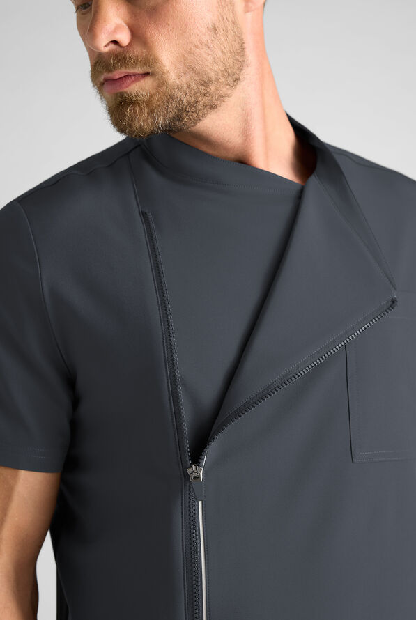 CHEF PERFORMANCE Men's 3- Pocket Asymmetrical Zippered Recycled Fabric Chef Coat - Pewter/Black - 4