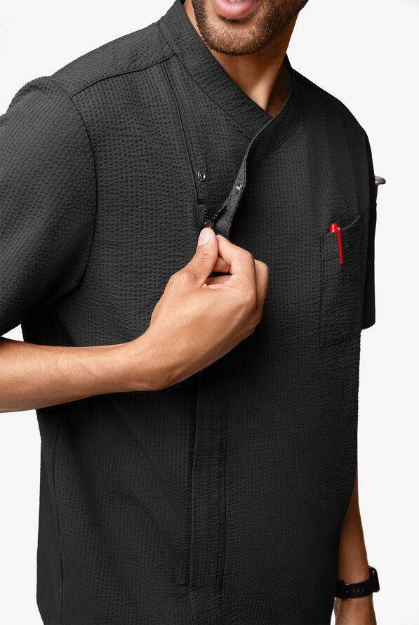 Chef Uniforms Men's Short Sleeve Stretch Seersucker Asymmetrical Coat - Black - 3