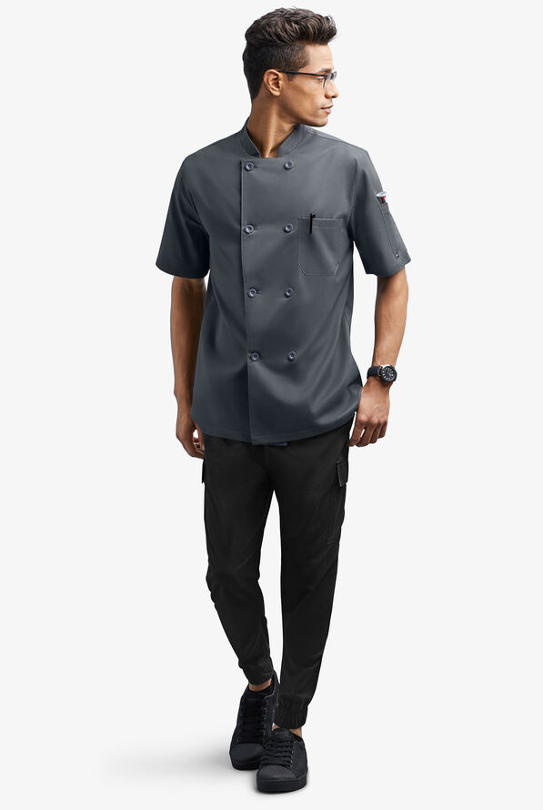 CHEF 360 Men's 2-Pocket Short Sleeve Reversible Double Breasted STRETCH Executive Chef Coat - Pewter - 3