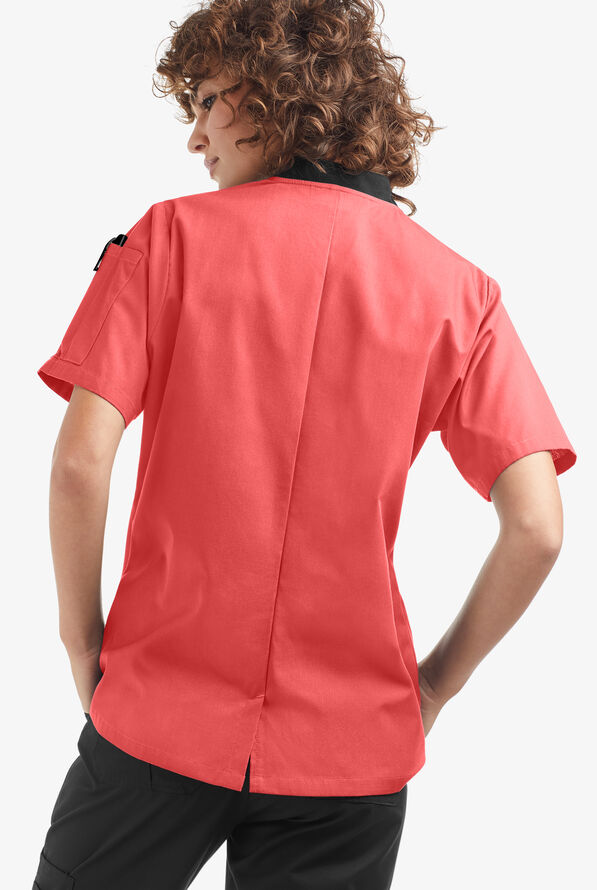 LIGHTWEIGHT Women's 1-Pocket Short Sleeve Double Breasted Chef Coat - Melon/Black - 2