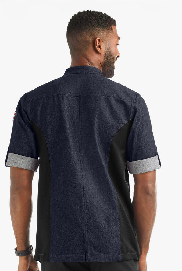 Chaqueta de gastronomía Industry Line Asymmetrical Premium de tela vaquera con mangas enrolladas y paneles traseros de malla para hombre - Blue Denim/Black - 2