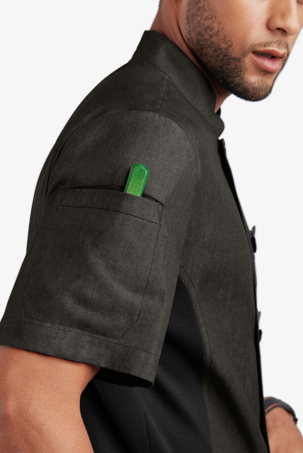 Industry Line Men's 2-Pocket Short Sleeve w/Tech Mesh Side Panels Chambray Chef Coat - Black - 5