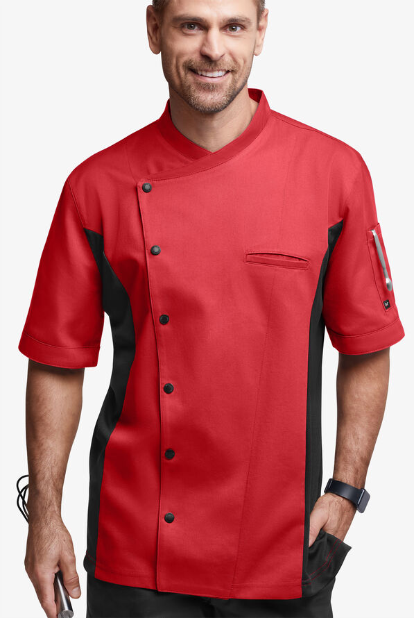 Chaqueta manga corta de gastronomía de corte clásico con botones a presión y paneles de malla para hombre - True Red/Black - 1