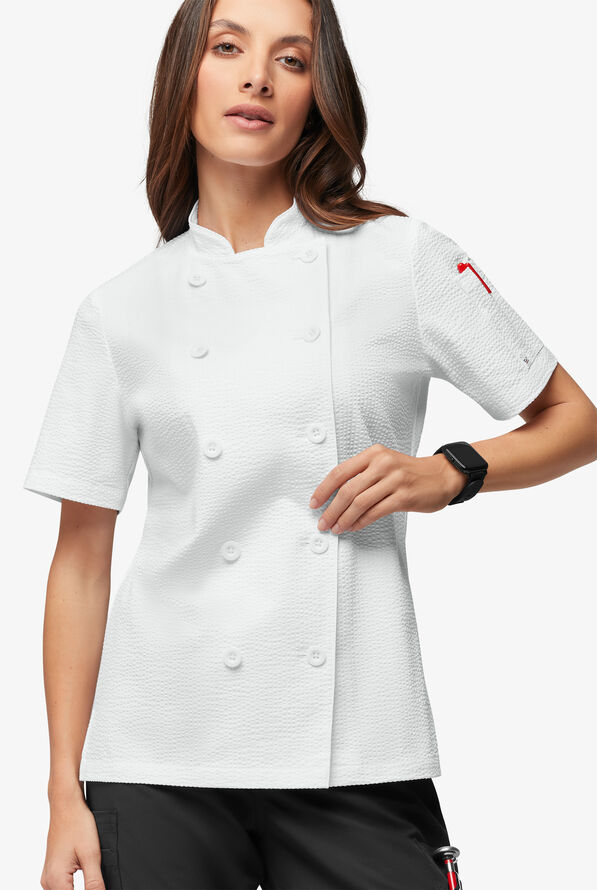 Chef Uniforms Women's Short Sleeve Stretch Seersucker Reversible Double Breasted Coat - White - 1