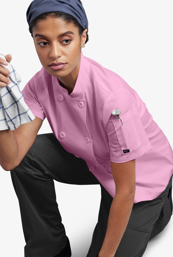 CHEF 360 Women's 1-Pocket Short Sleeve Reversible Double Breasted STRETCH Executive Chef Coat - Sweet Rose - 7