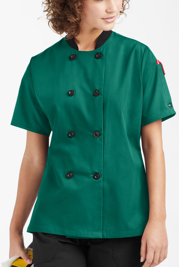 LIGHTWEIGHT Women's 1-Pocket Short Sleeve Double Breasted Chef Coat - Hunter/Black - 5