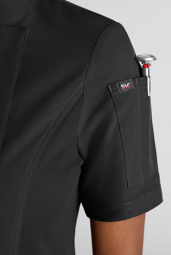 CHEF PERFORMANCE- Women's Short Sleeve with Mesh Panels STRETCH Chef Coat - Black - 4