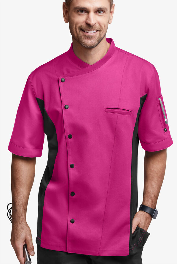 Chaqueta manga corta de gastronomía de corte clásico con botones a presión y paneles de malla para hombre - Hot Pink/Black - 1