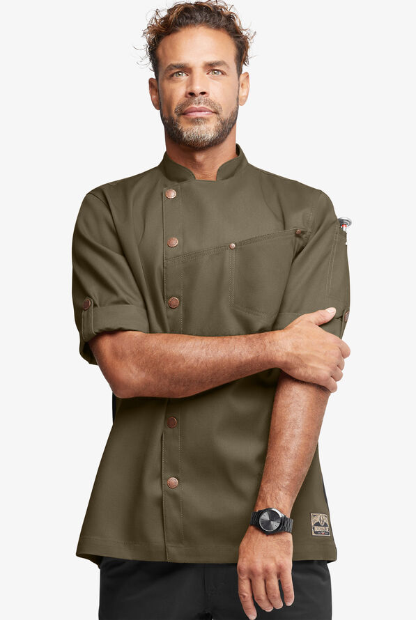 Chaqueta ejecutiva de chef Industry Line Workwear con cierre asimétrico y 3 bolsillos para hombre - Olive/Black - 1