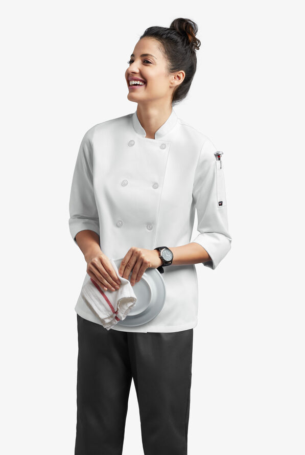 Women's 1-Pocket 3/4 Sleeve Double Breasted Chef Coat w/ACF logo - White - 4