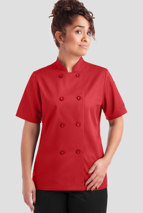 Chaqueta manga corta de gastronom&iacute;a con doble abotonadura y botones de pl&aacute;stico con el logo para mujer - True Red - 1