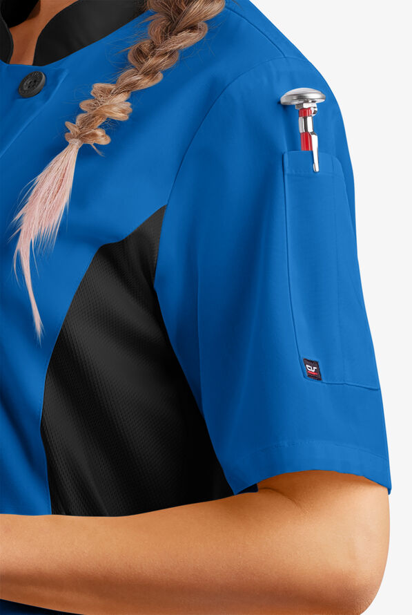 LIGHTWEIGHT Women's Short Sleeve 1-Pocket Tech Mesh Side Panel Chef Coat - Royal/Black - 3