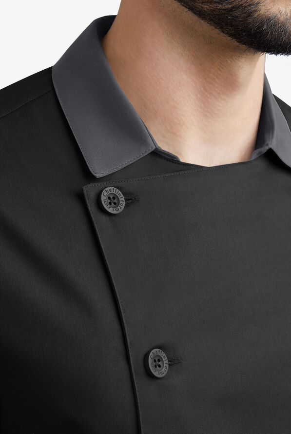CHEF 360 Men's 3-Pocket Short Sleeve with Mesh Back Panel STRETCH Chef Coat - Black/Pewter - 4