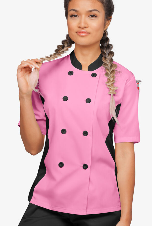 LIGHTWEIGHT Women's Short Sleeve 1-Pocket Tech Mesh Side Panel Chef Coat - Pink/Black - 4