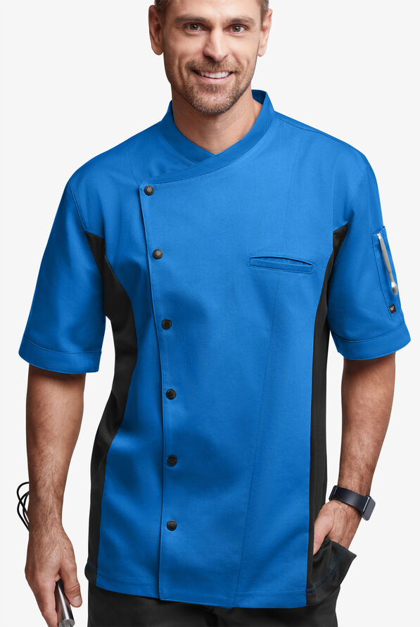Chaqueta manga corta de gastronomía de corte clásico con botones a presión y paneles de malla para hombre - Ocean Blue/Black - 1