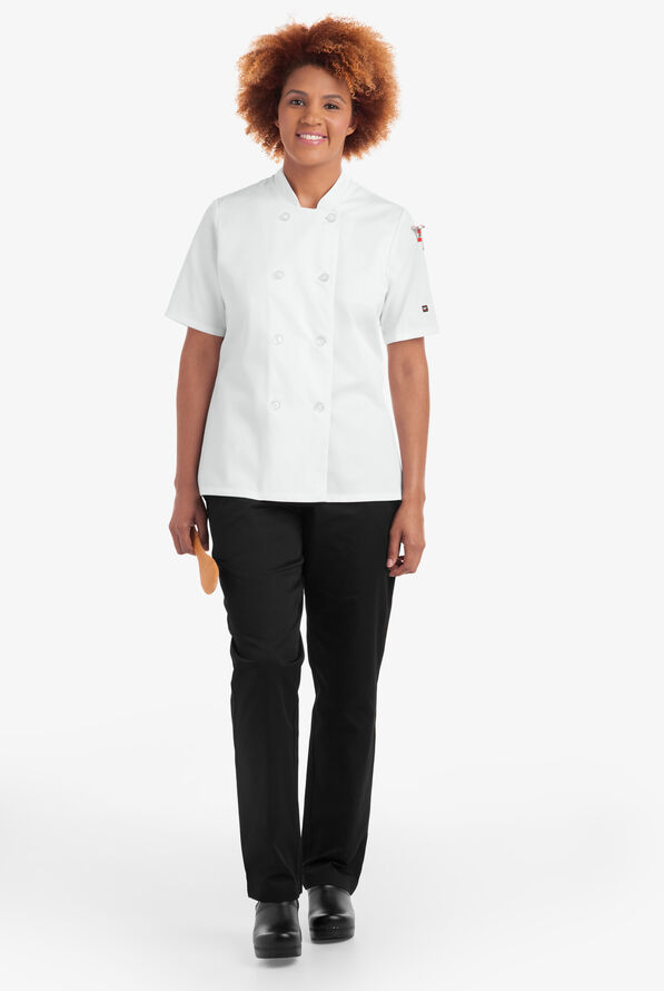 On the Line Women's 1-Pocket Reversible Double Breasted Closure Short Sleeve Chef Coat - White - 3