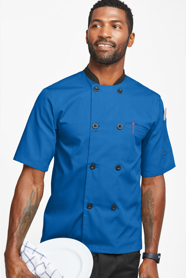 Chaqueta de chef liviana con doble abotonadura y botones de plástico para hombre - Royal/Black - 1