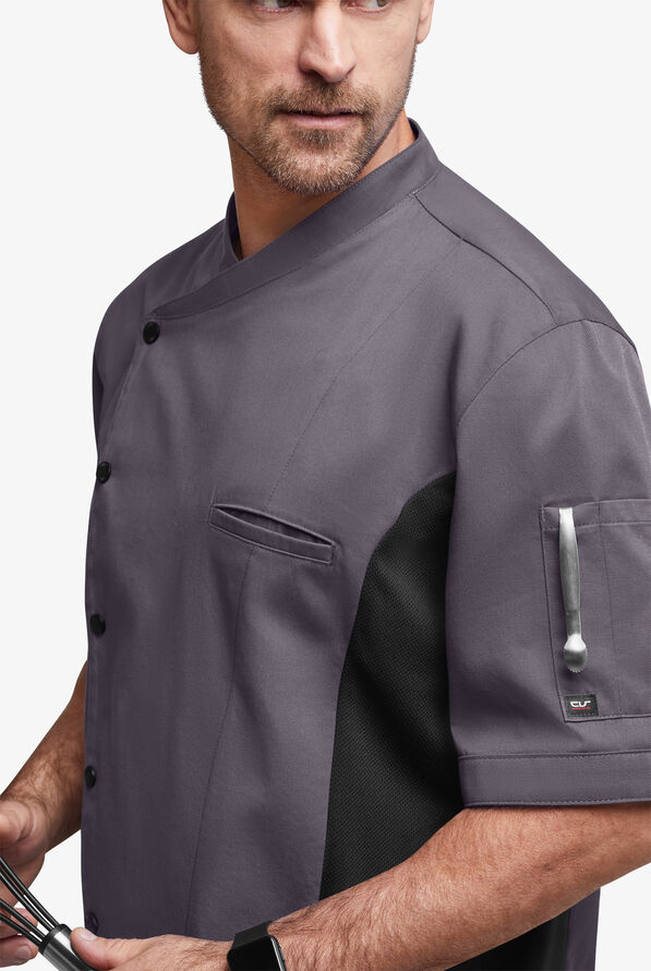 Chaqueta manga corta de gastronomía de corte clásico con botones a presión y paneles de malla para hombre - Pebble Grey/Black - 2