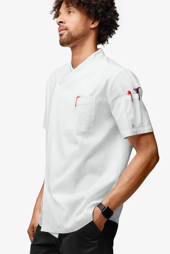 Chef Uniforms Men's Short Sleeve Stretch Seersucker Asymmetrical Coat - White - 3