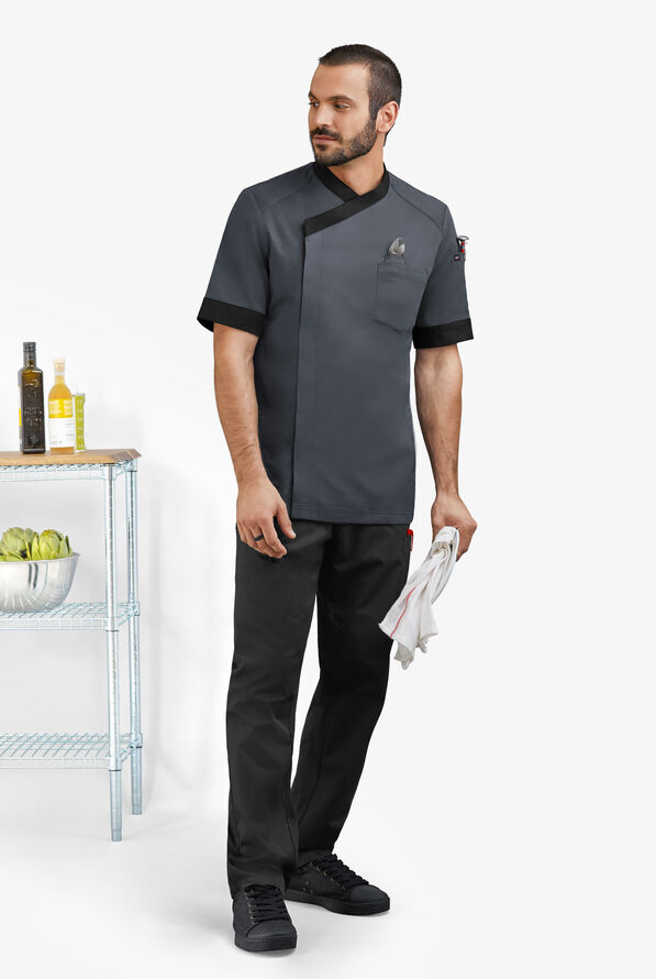 CHEF 360 Men's 5-Pocket Short Sleeve Mesh Panel STRETCH Executive Chef Coat - Pewter/Black - 4